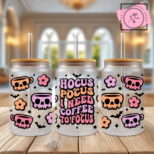 Hocus Pocus 'I Need Coffee' - 16oz Libbey Glass Printed UV DTF Wrap
