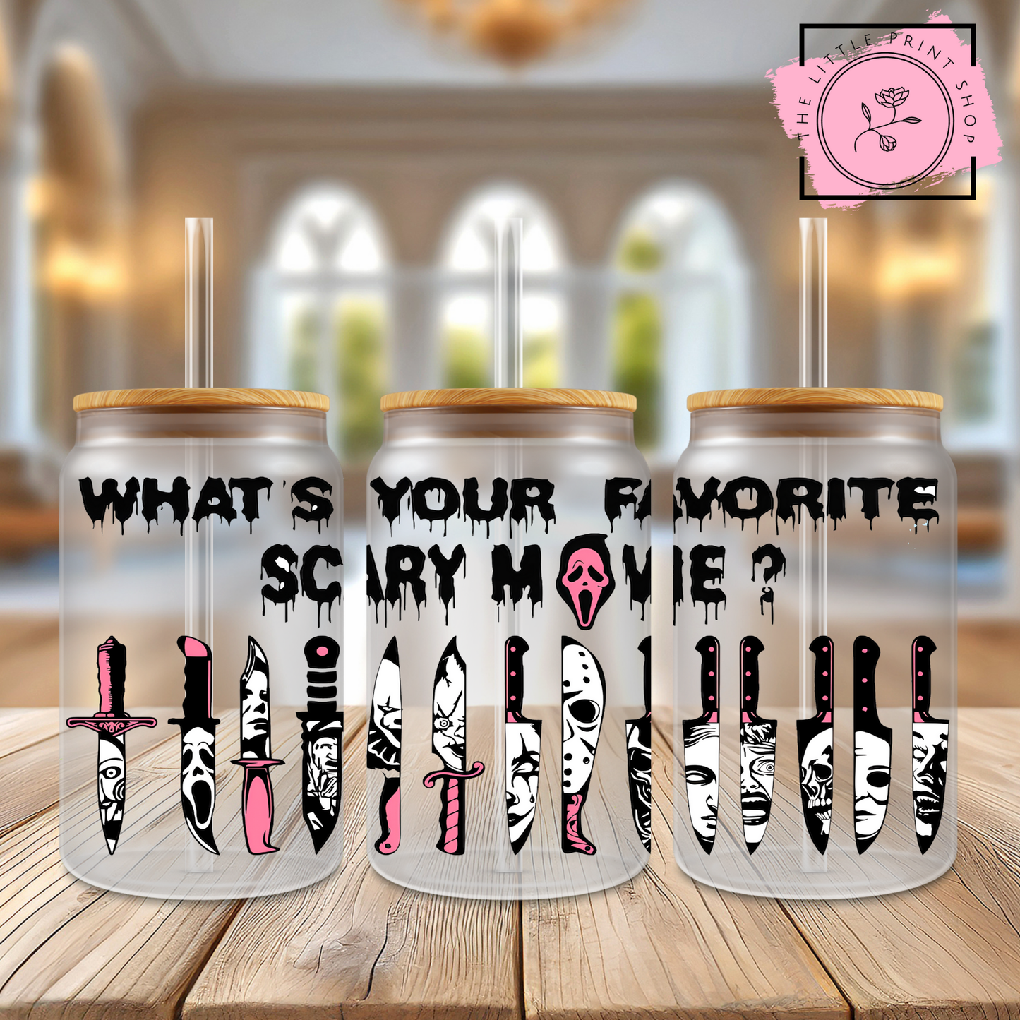 What's Your Favourite Scary Movie? - 16oz Libbey Glass Printed UV DTF Wrap
