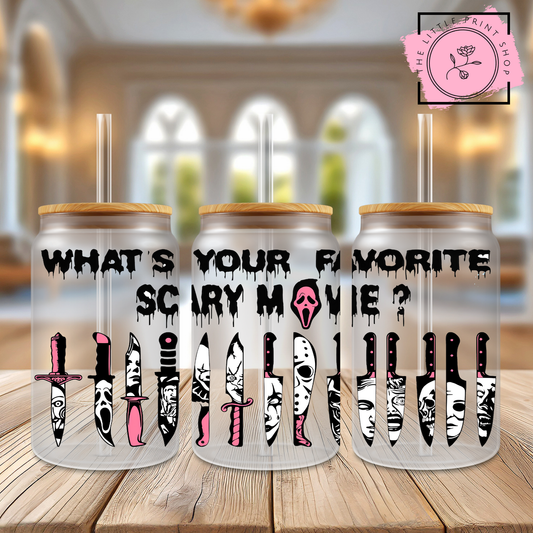 What's Your Favourite Scary Movie? - 16oz Libbey Glass Printed UV DTF Wrap