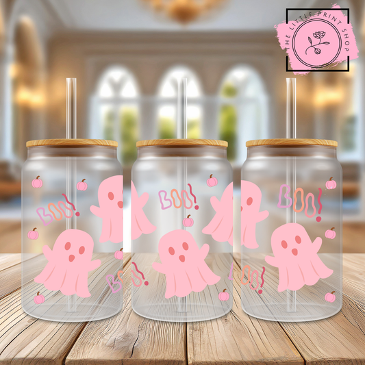 Pink Boo - 16oz Libbey Glass Printed UV DTF Wrap
