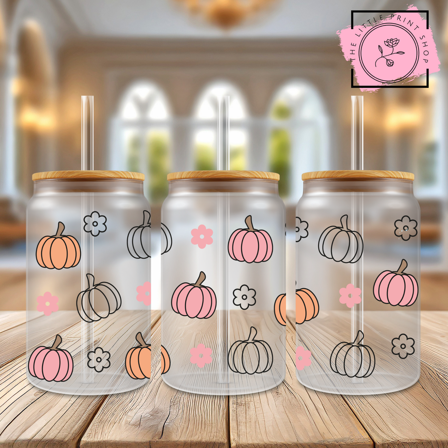 Pumpkin Flowers - 16oz Libbey Glass Printed UV DTF Wrap