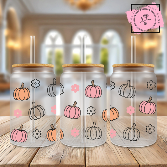 Pumpkin Flowers - 16oz Libbey Glass Printed UV DTF Wrap