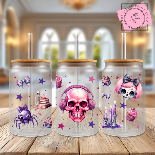 Pink Skull - 16oz Libbey Glass Printed UV DTF Wrap