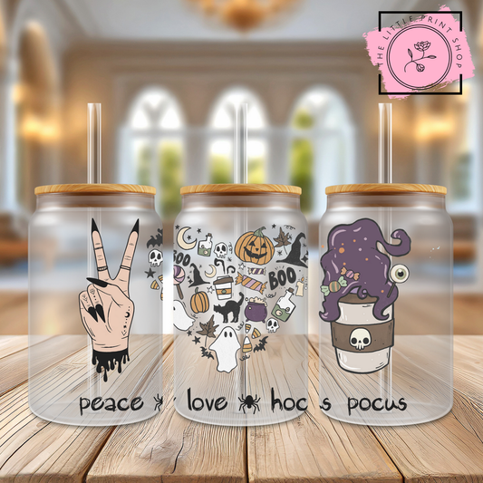 Peace & Hocus Pocus - 16oz Libbey Glass Printed UV DTF Wrap