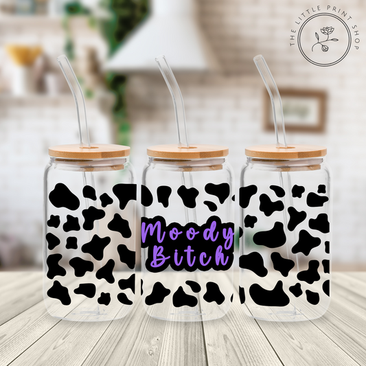 Cow Splat Moody Bitch Purple  - 16oz Libbey Glass Printed UV DTF Wrap