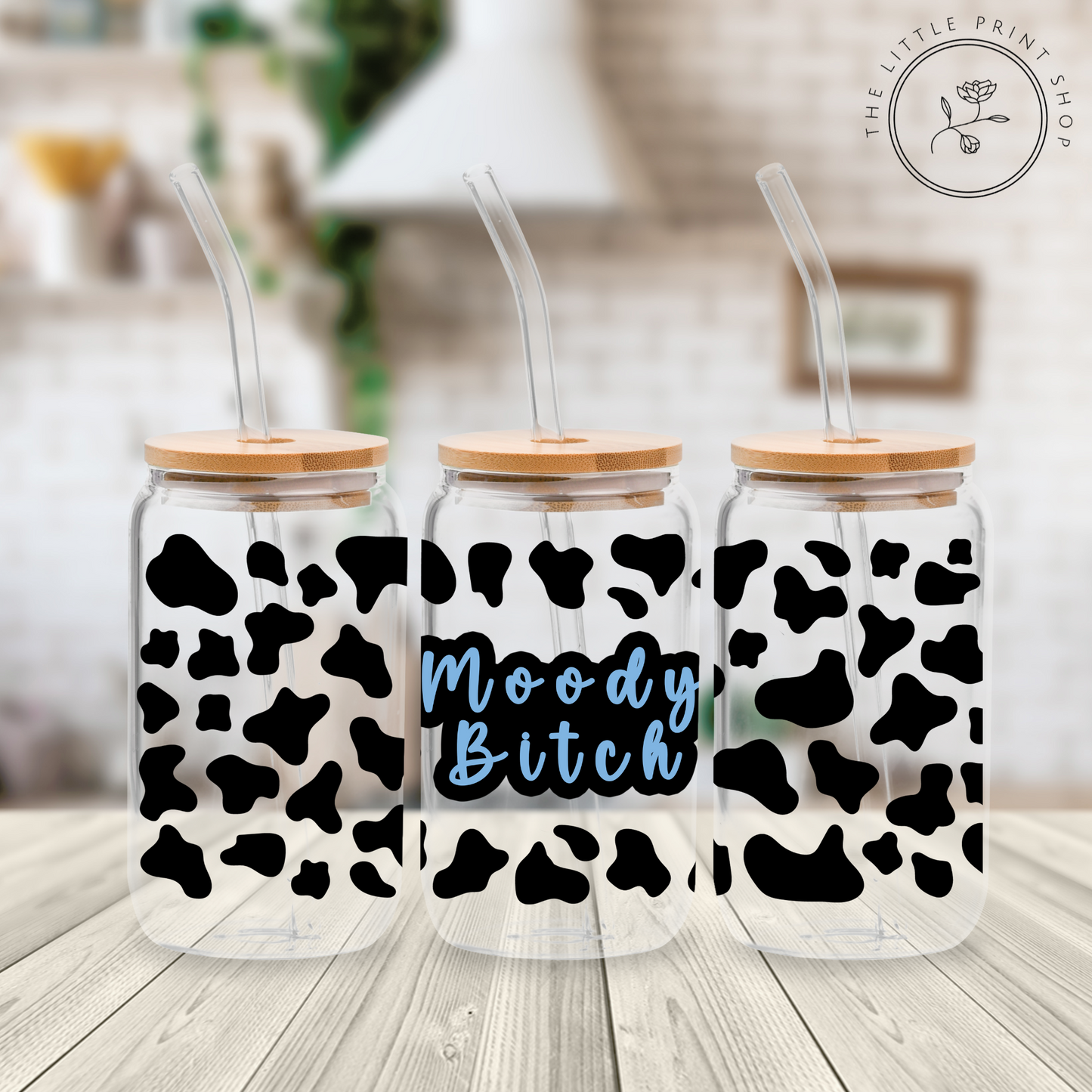 Cow Splat Moody Bitch Blue  - 16oz Libbey Glass Printed UV DTF Wrap