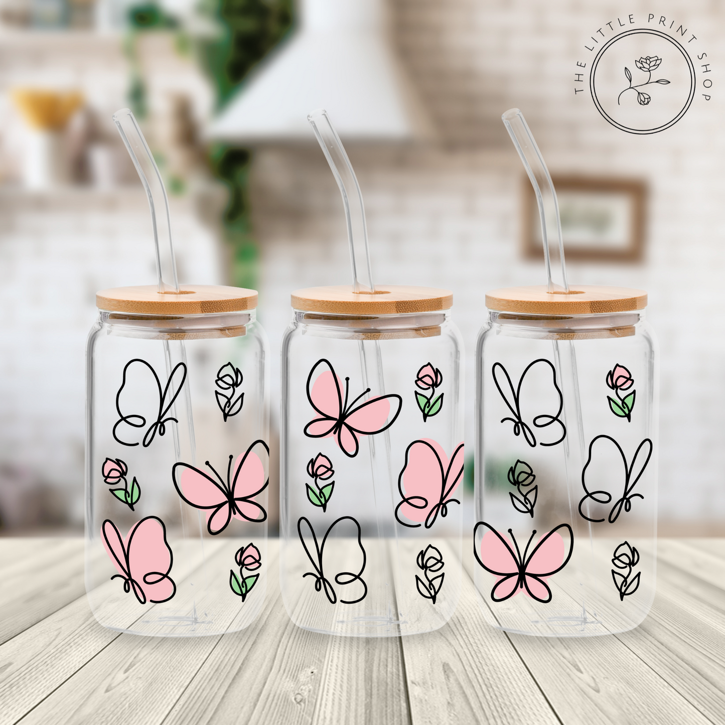 Pink Butterflies- 16oz Libbey Glass Printed UV DTF Wrap