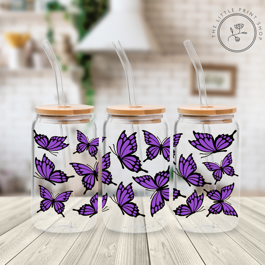 Purple Butterflies - 16oz Libbey Glass Printed UV DTF Wrap
