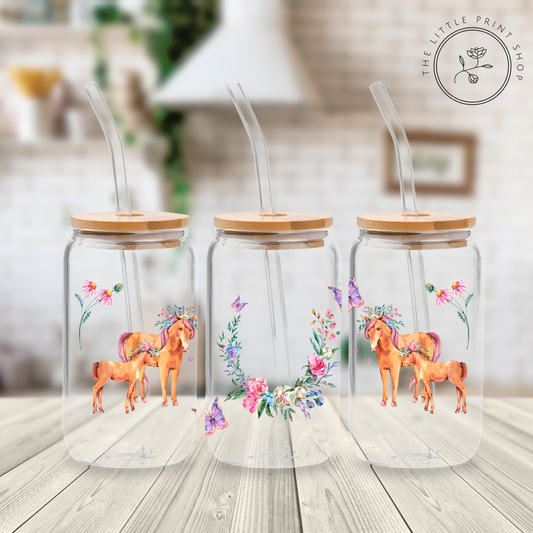 Horses & Flowers - 16oz Libbey Glass Printed UV DTF Wrap