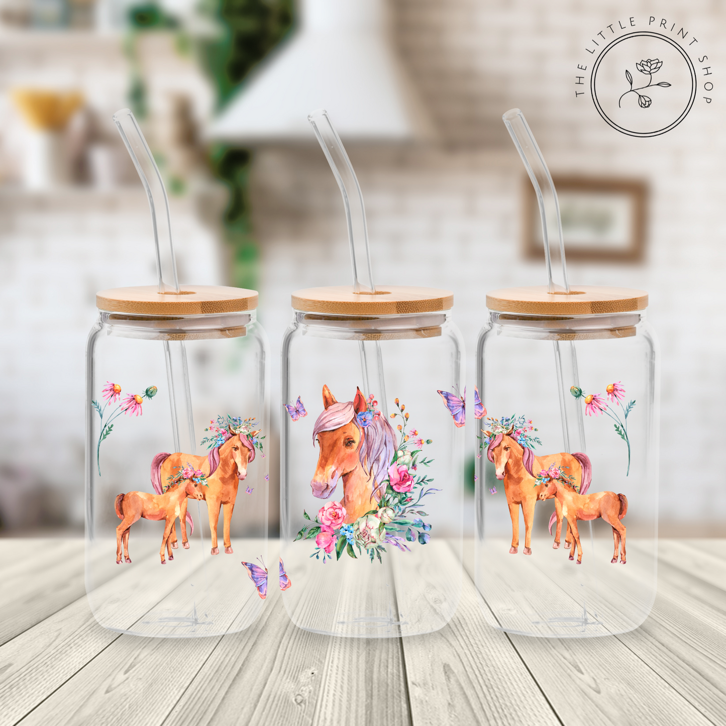Pastel Flowers & Horses - 16oz Libbey Glass Printed UV DTF Wrap