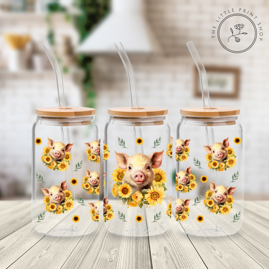 Sunflower Pigs - 16oz Libbey Glass Printed UV DTF Wrap