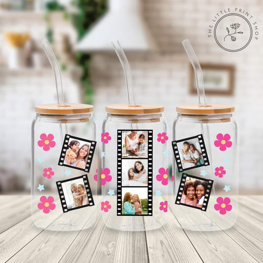 Daisy Flowers Film Strip - Pink - 16oz Libbey Glass Printed UV DTF Wrap