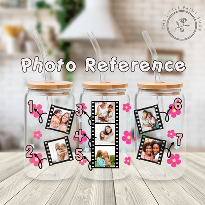 Daisy Flowers Film Strip - Pink - 16oz Libbey Glass Printed UV DTF Wrap