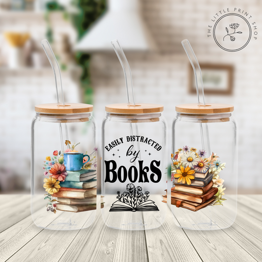 Distracted By Books - 16oz Libbey Glass Printed UV DTF Wrap