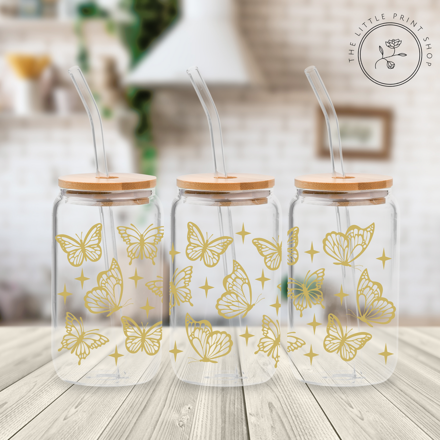 Gold Butterflies - 16oz Libbey Glass Printed UV DTF Wrap