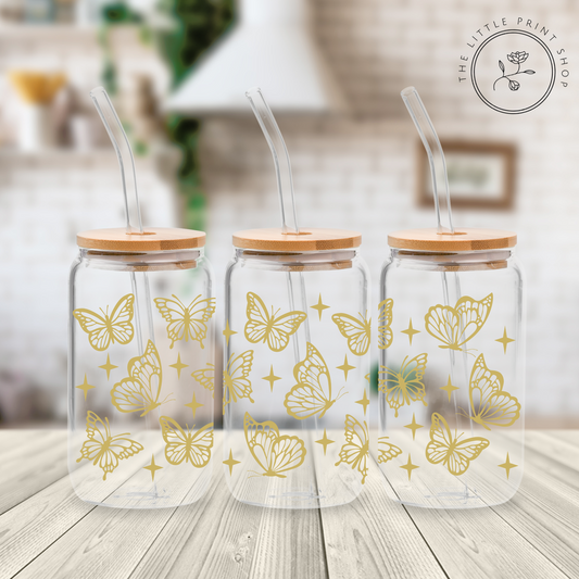 Gold Butterflies - 16oz Libbey Glass Printed UV DTF Wrap