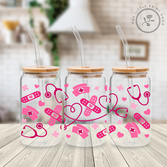 Pink Nurse - 16oz Libbey Glass Printed UV DTF Wrap