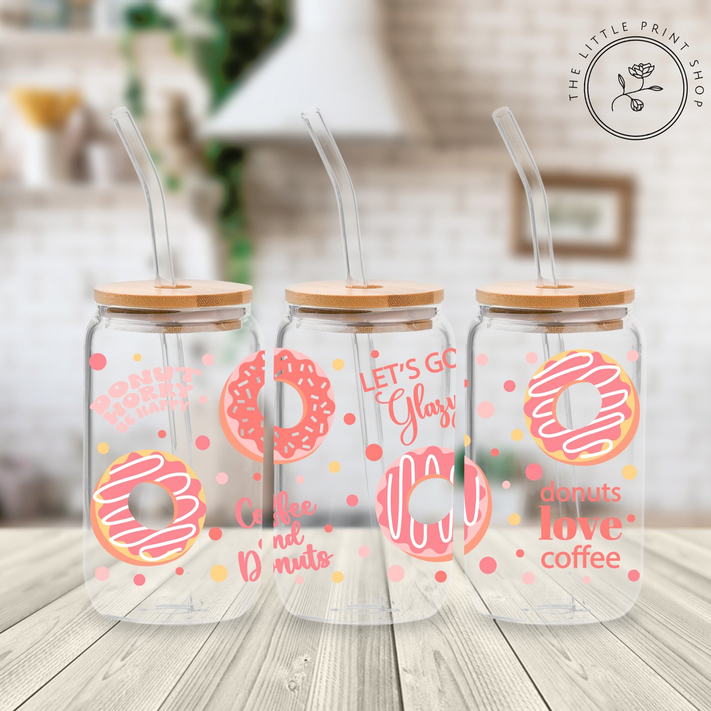 Donuts Love Coffee - 16oz Libbey Glass Printed UV DTF Wrap