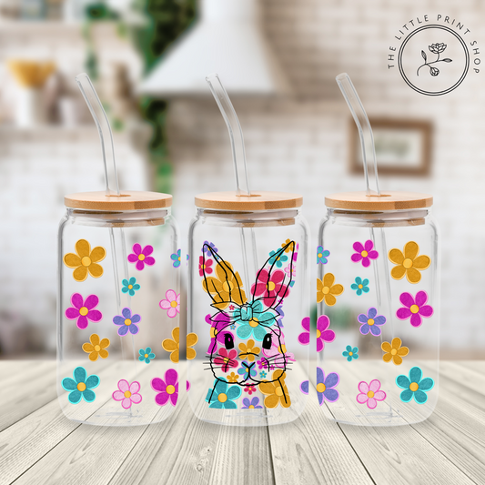 Bunny Flowers - 16oz Libbey Glass Printed UV DTF Wrap