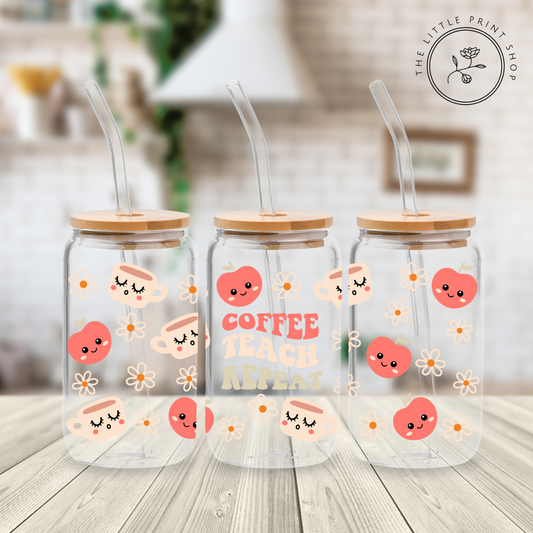 Coffee Teach Repeat - 16oz Libbey Glass Printed UV DTF Wrap