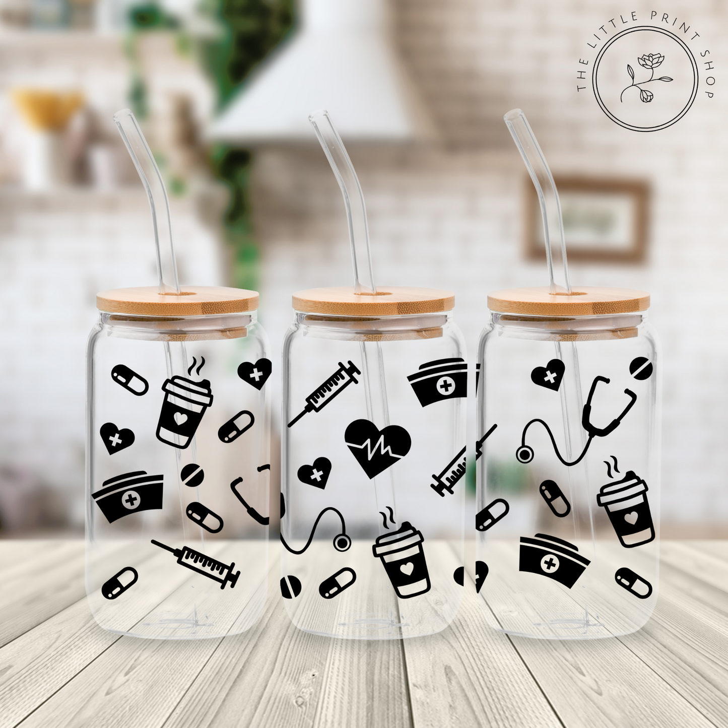 Nurse Inspire Black Outline - 16oz Libbey Glass Printed UV DTF Wrap