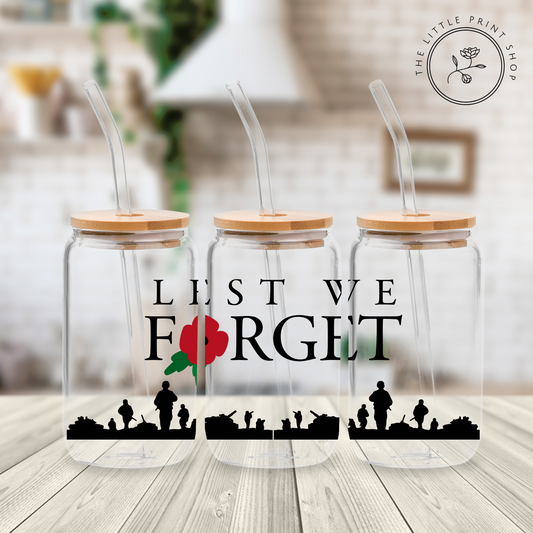 Lest We Forget - Black Outline - 16oz Libbey Glass Printed UV DTF Wrap