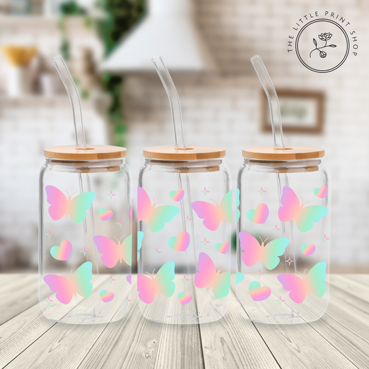 Rainbow Butterfly - 16oz Libbey Glass Printed UV DTF Wrap