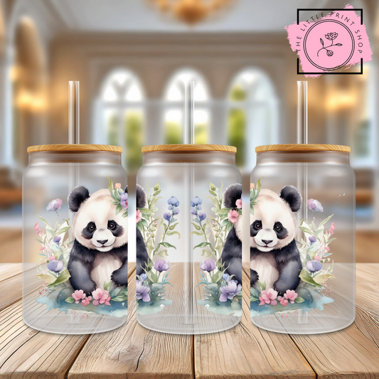 Floral Panda - Purple - 16oz Libbey Glass Printed UV DTF Wrap