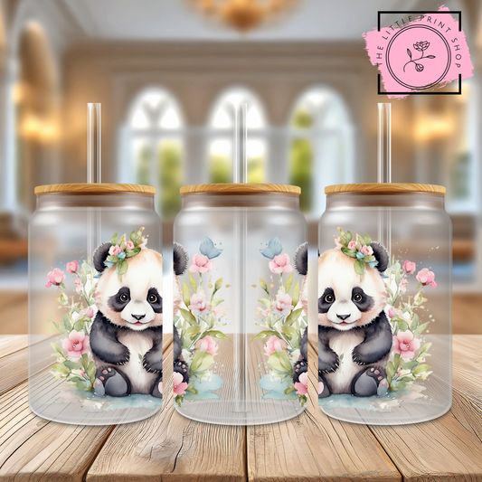 Floral Panda - Pastel - 16oz Libbey Glass Printed UV DTF Wrap