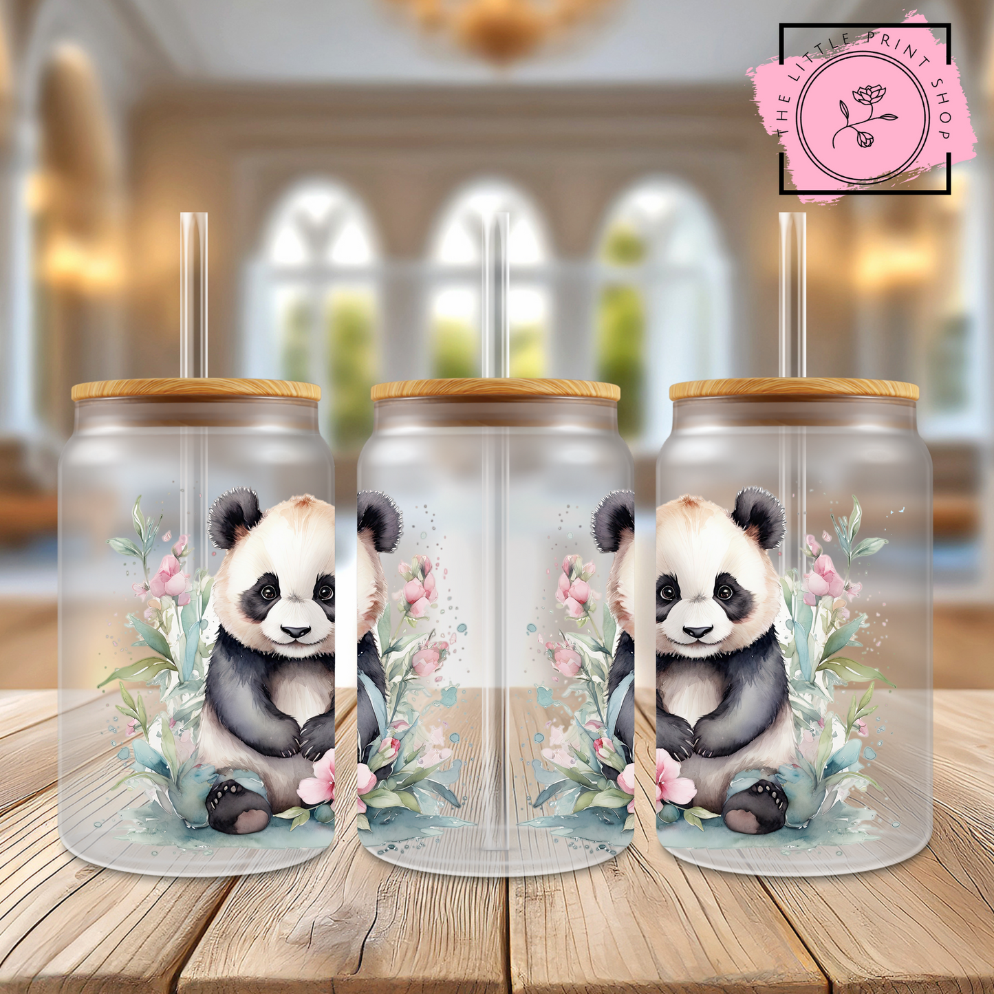 Floral Panda - Blue - 16oz Libbey Glass Printed UV DTF Wrap