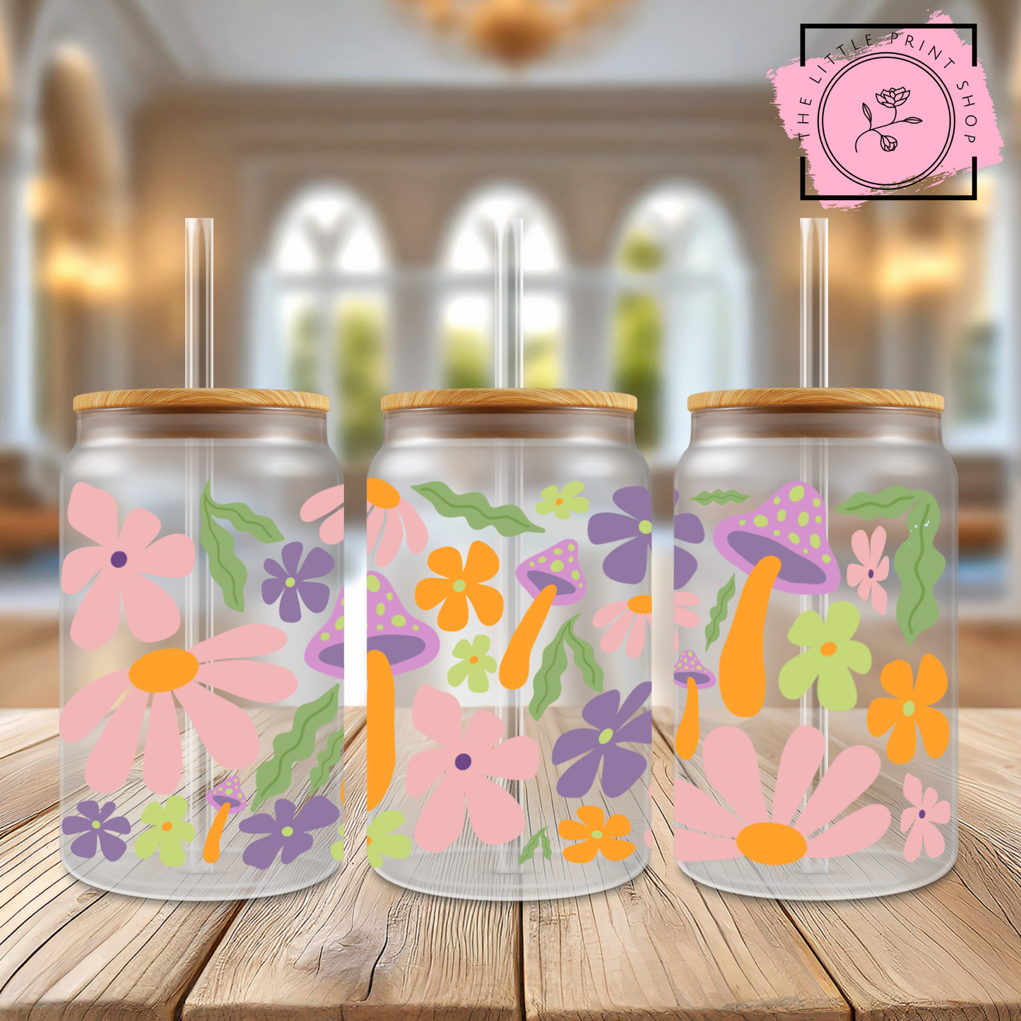 Whimsical Mushrooms - 16oz Libbey Glass Printed UV DTF Wrap