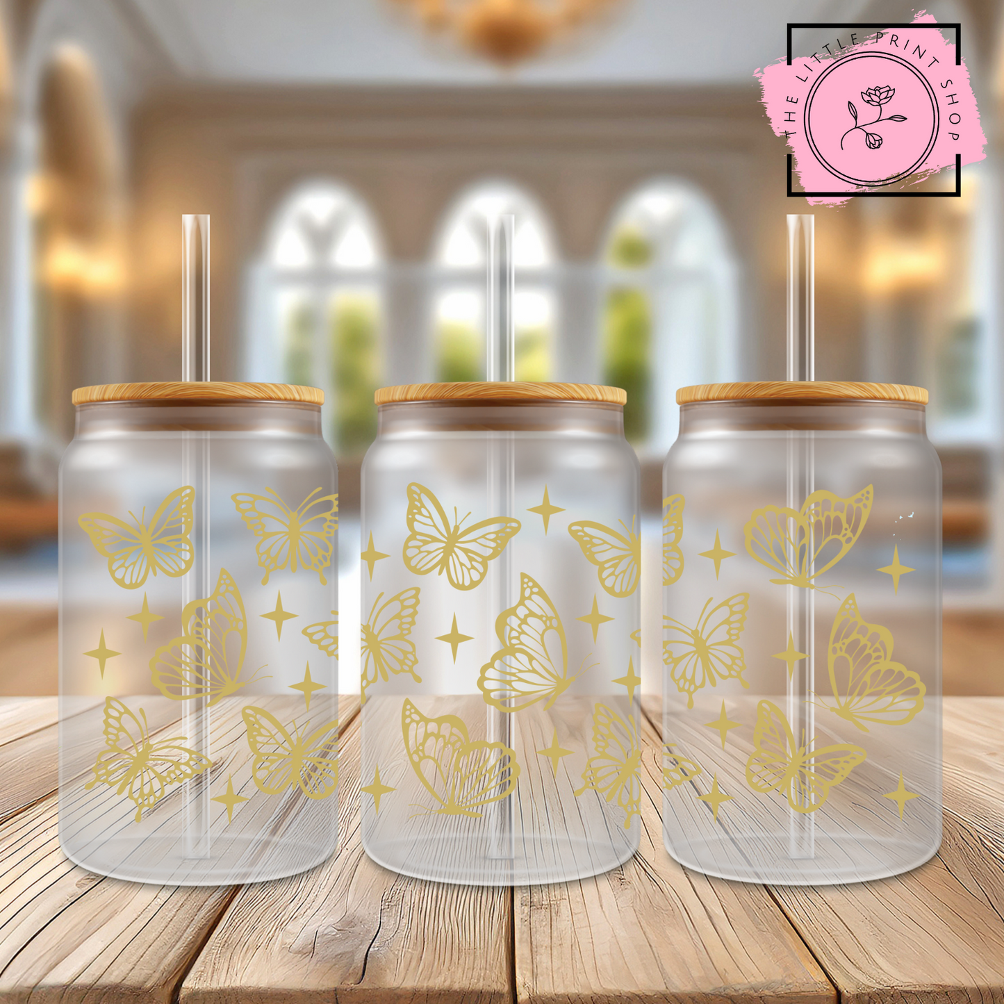 Gold Butterflies - 16oz Libbey Glass Printed UV DTF Wrap
