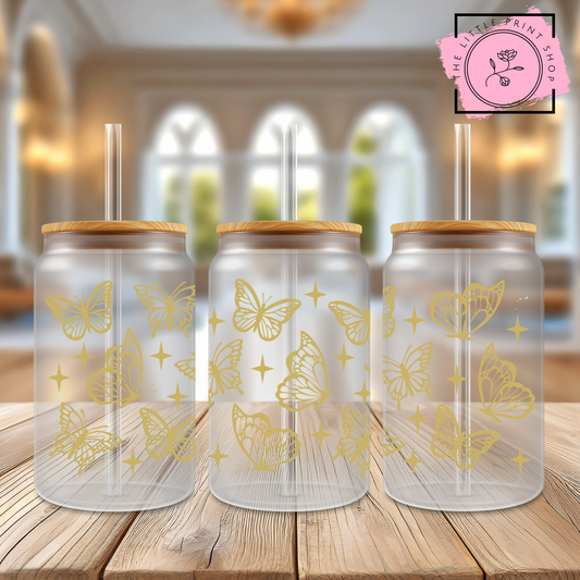 Gold Butterflies - 16oz Libbey Glass Printed UV DTF Wrap