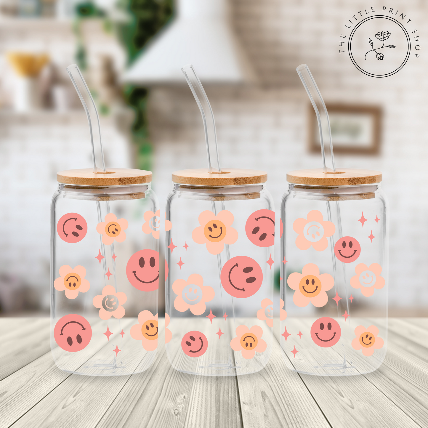 Smiles & Flowers - 16oz Libbey Glass Printed UV DTF Wrap