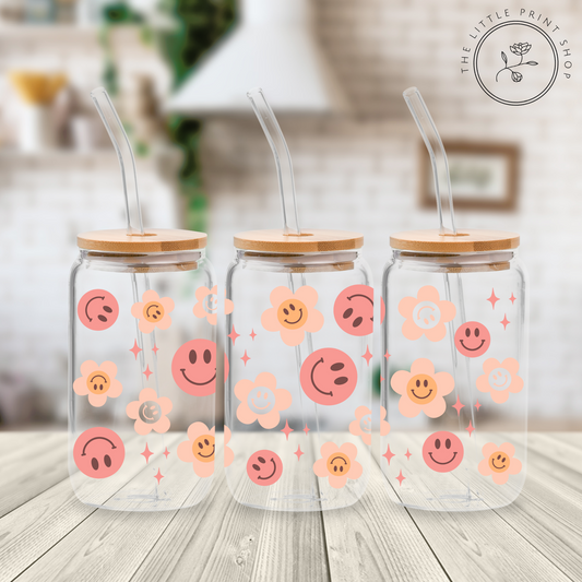 Smiles & Flowers - 16oz Libbey Glass Printed UV DTF Wrap