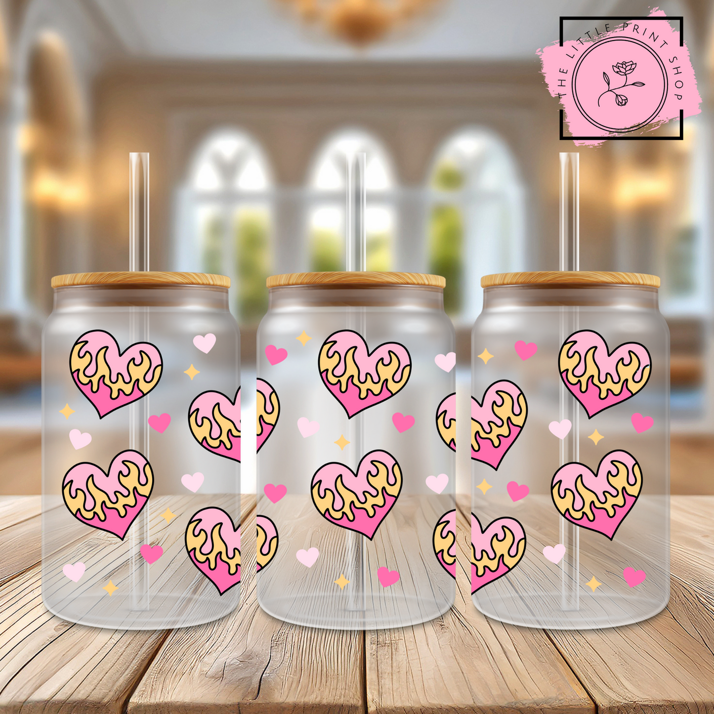 Flaming Hearts - 16oz Libbey Glass Printed UV DTF Wrap