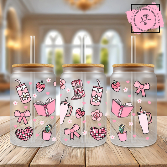 Pink Girly Icons - 16oz Libbey Glass Printed UV DTF Wrap