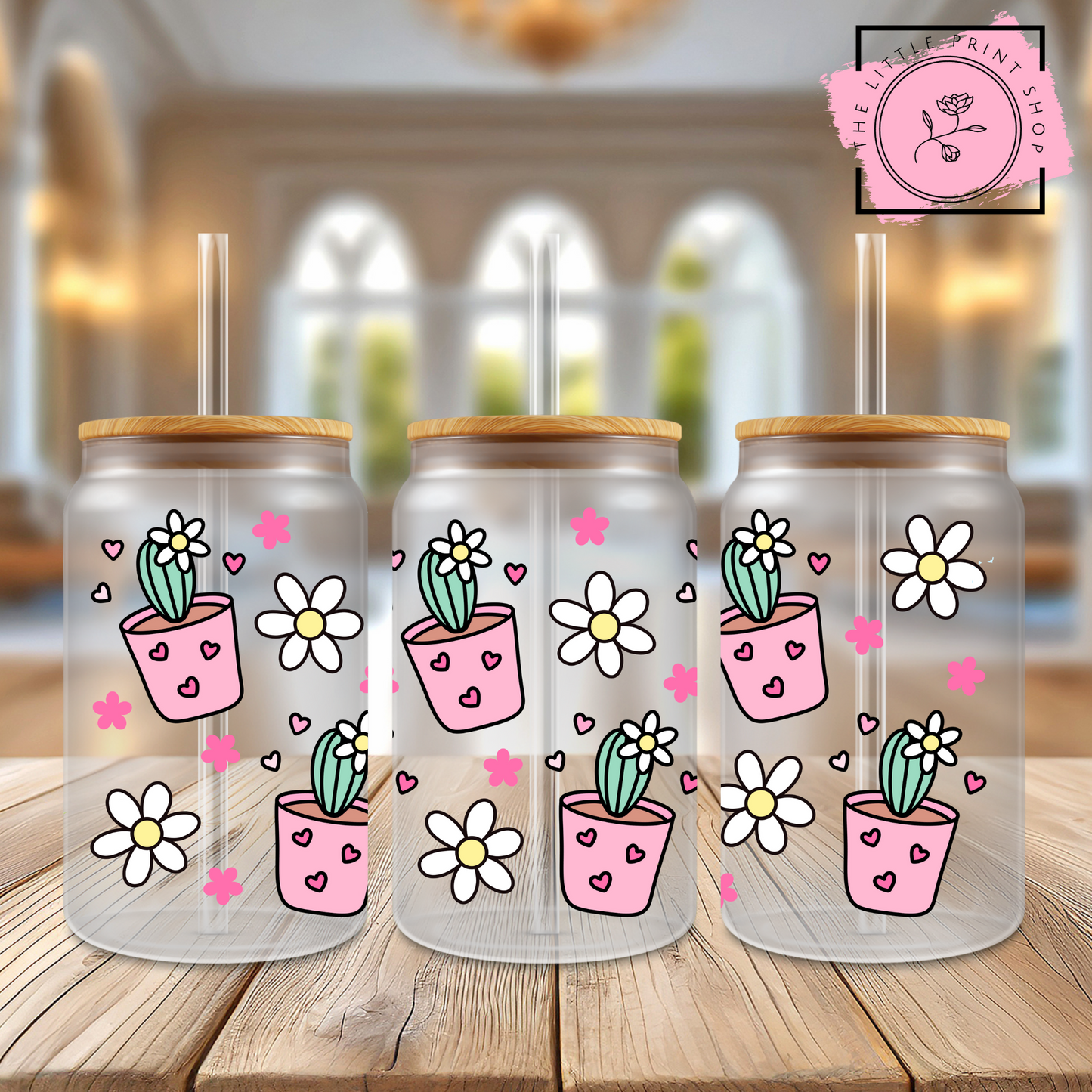 Pink Cactus - 16oz Libbey Glass Printed UV DTF Wrap