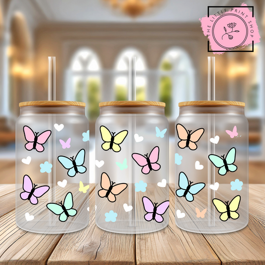 Colourful Butterflies - 16oz Libbey Glass Printed UV DTF Wrap