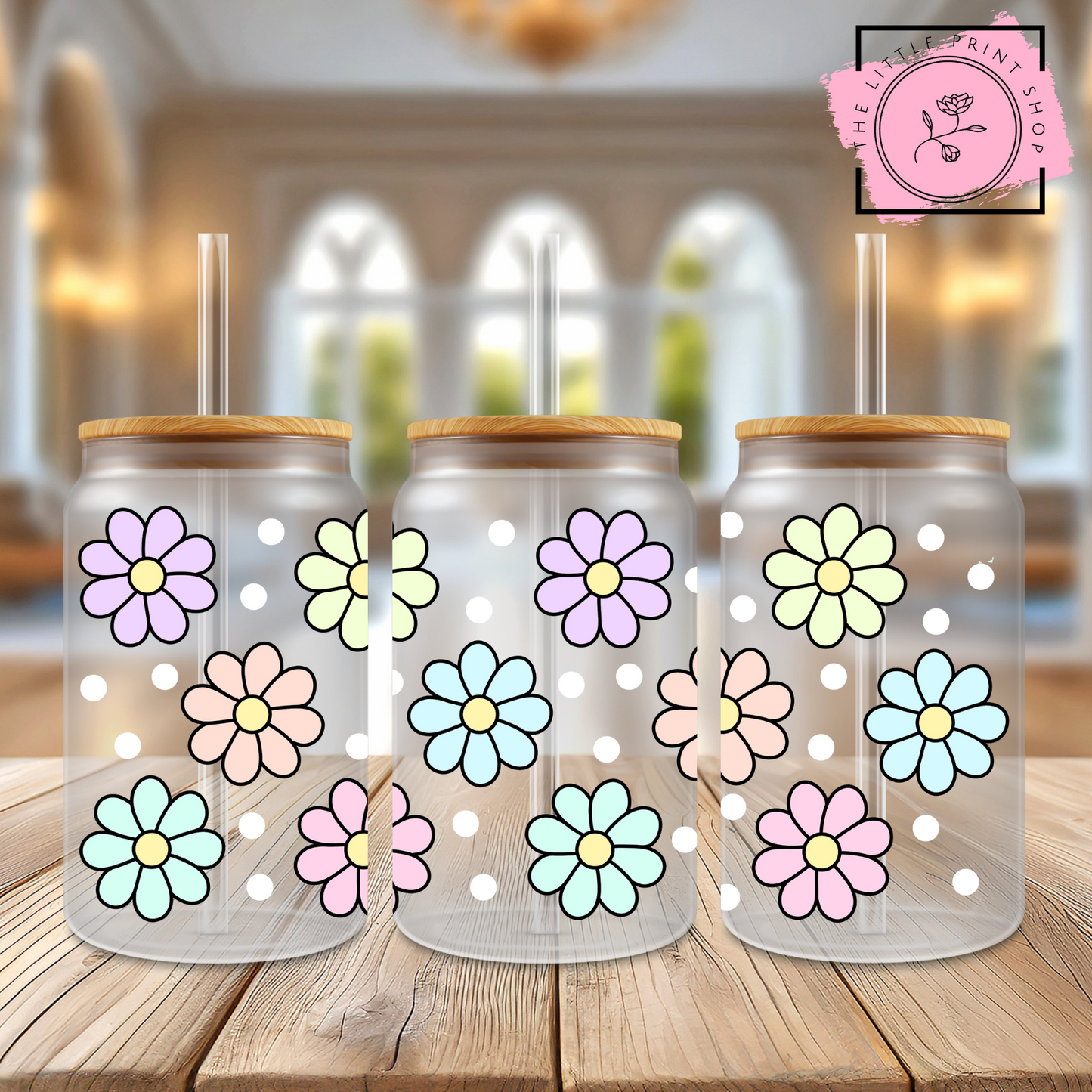 Colourful Flowers - 16oz Libbey Glass Printed UV DTF Wrap