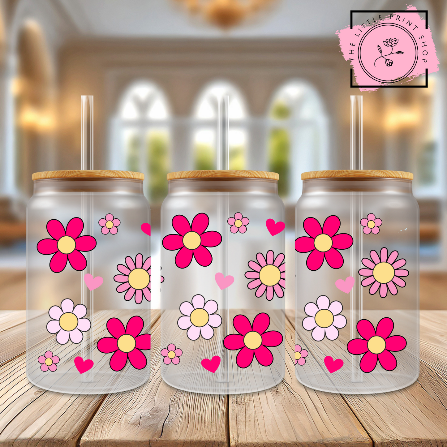 Pink Flowers - 16oz Libbey Glass Printed UV DTF Wrap