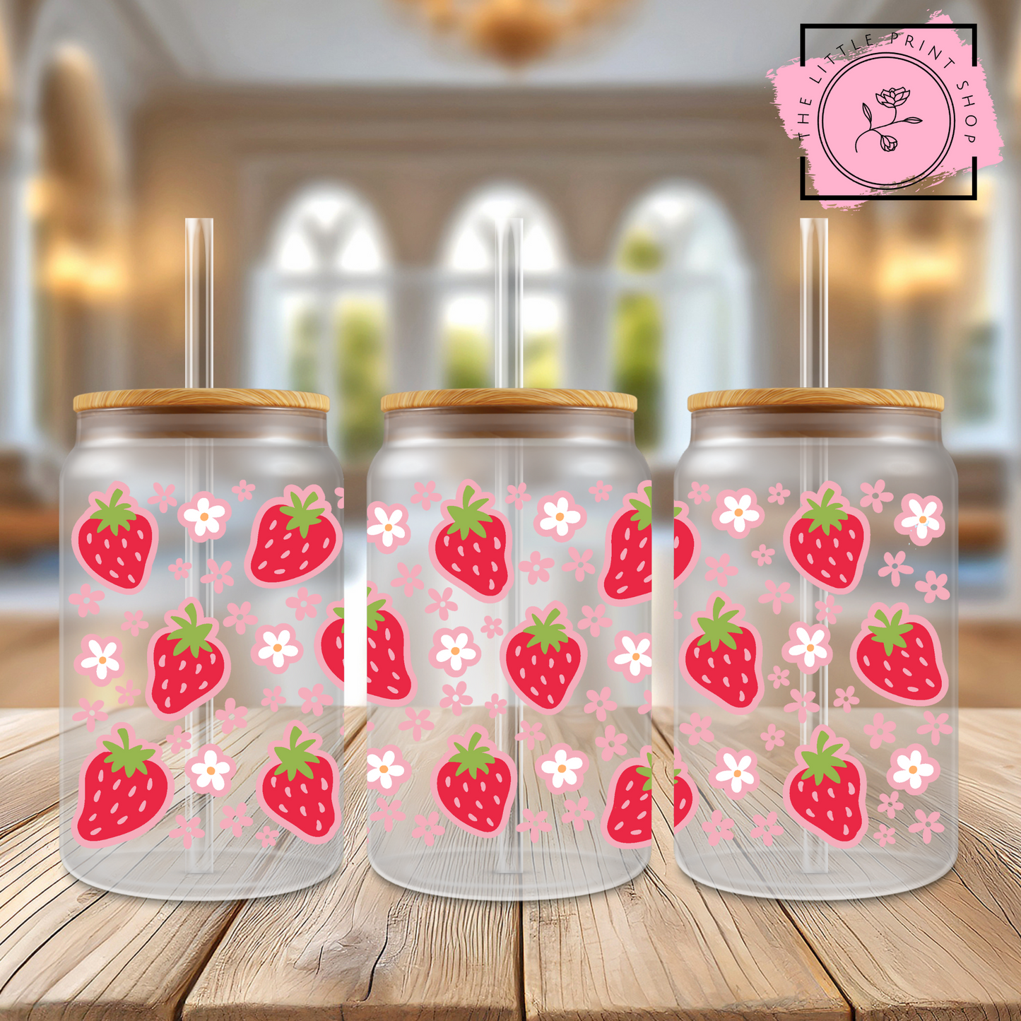Summer Strawberries - 16oz Libbey Glass Printed UV DTF Wrap