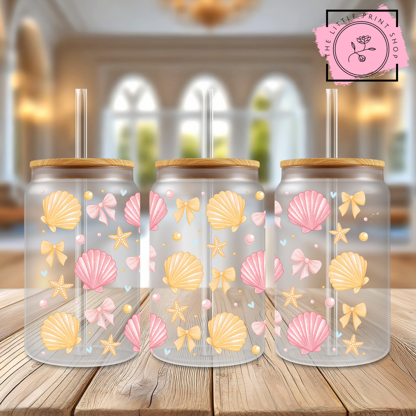 Yellow Shells - 16oz Libbey Glass Printed UV DTF Wrap