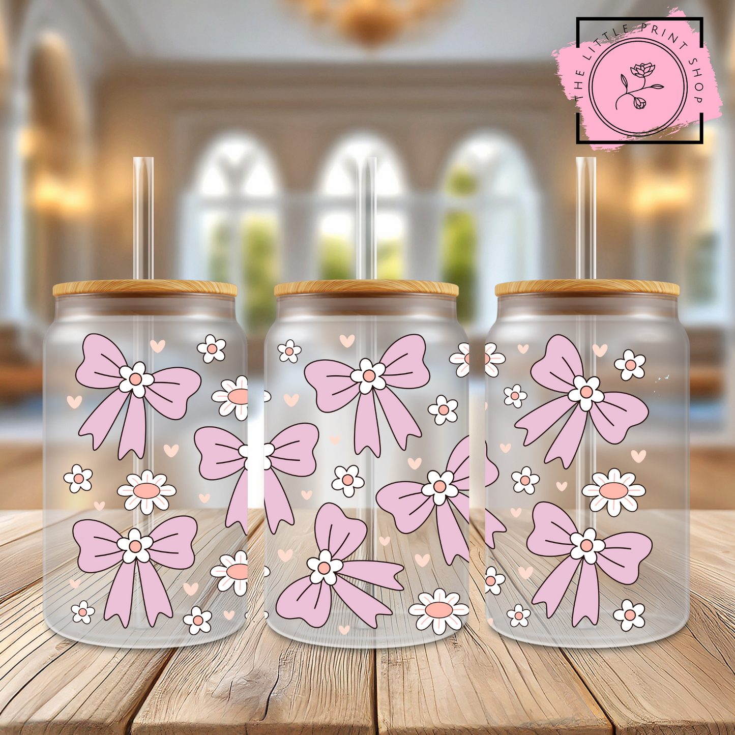 Pretty Pink Bows - 16oz Libbey Glass Printed UV DTF Wrap