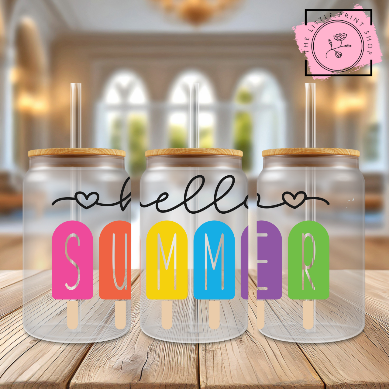 Hello Summer - 16oz Libbey Glass Printed UV DTF Wrap