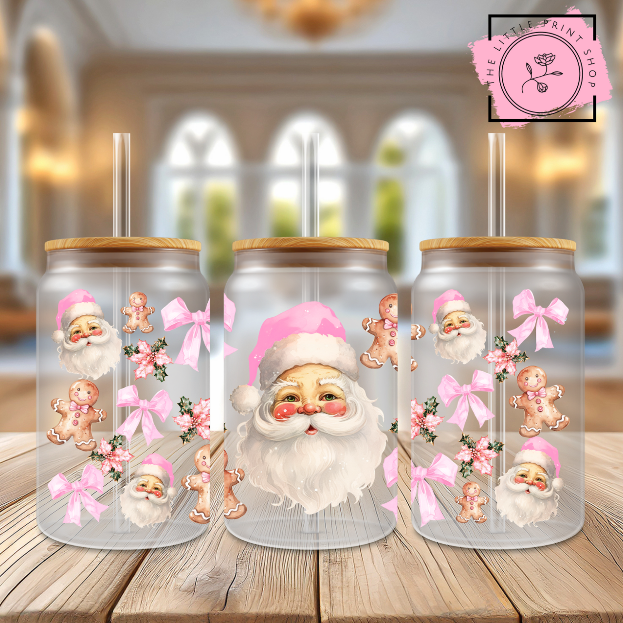Pink Santa - 16oz Libbey Glass Printed UV DTF Wrap