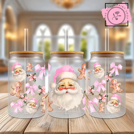 Pink Santa - 16oz Libbey Glass Printed UV DTF Wrap