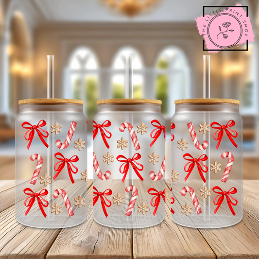Christmas Bows - 16oz Libbey Glass Printed UV DTF Wrap