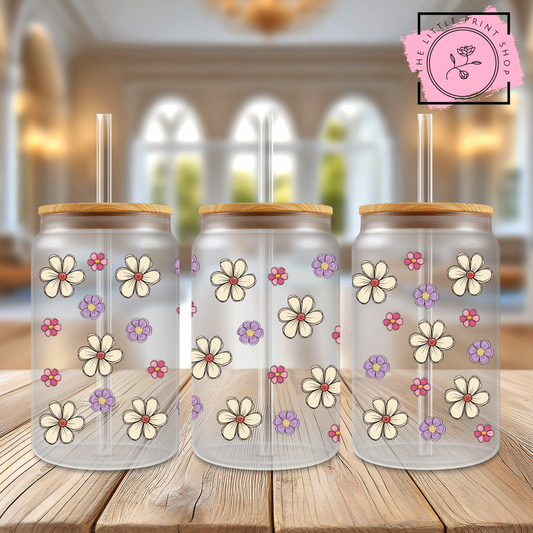 Whimsical Flowers - 16oz Libbey Glass Printed UV DTF Wrap
