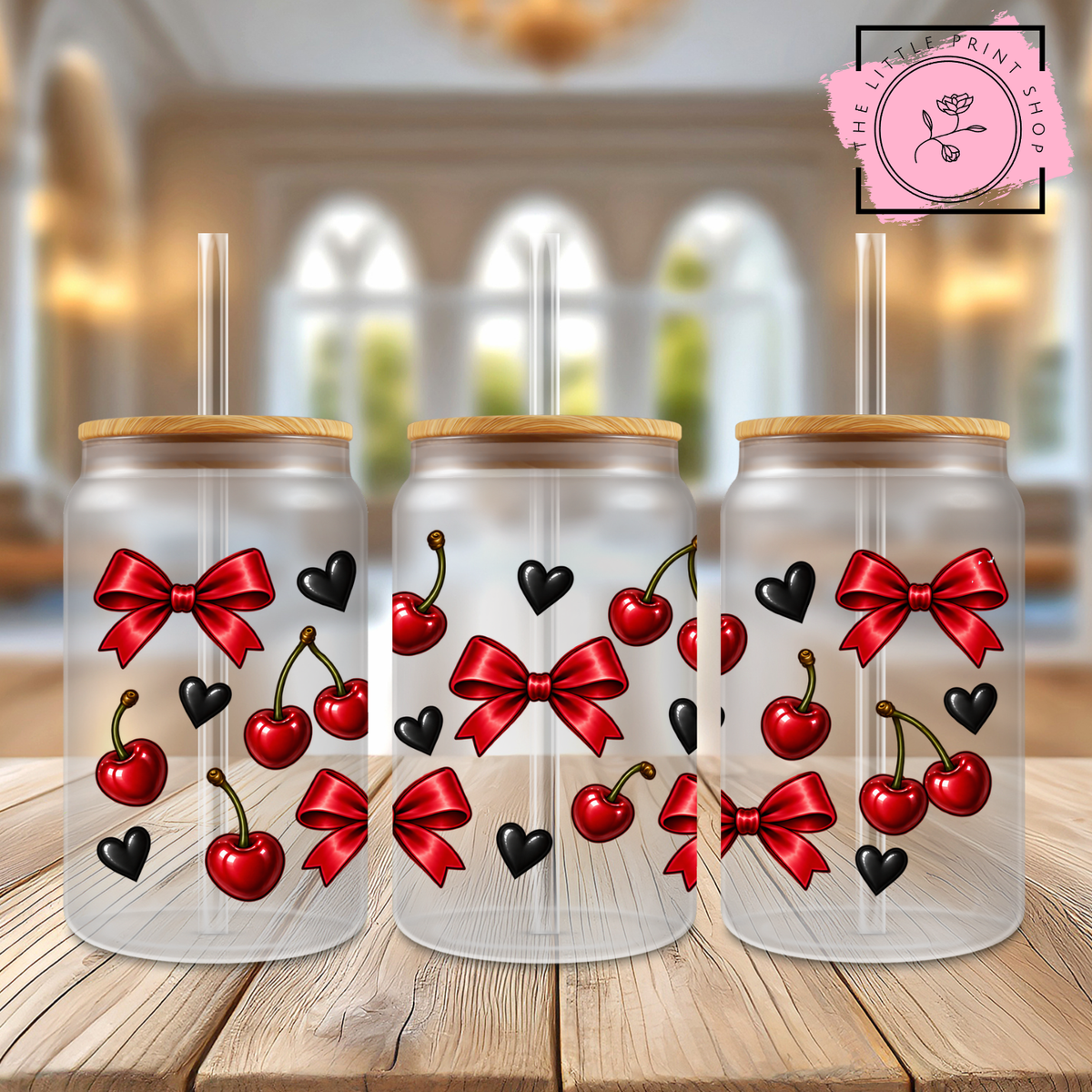 Bows & Cherries - 16oz Libbey Glass Printed UV DTF Wrap
